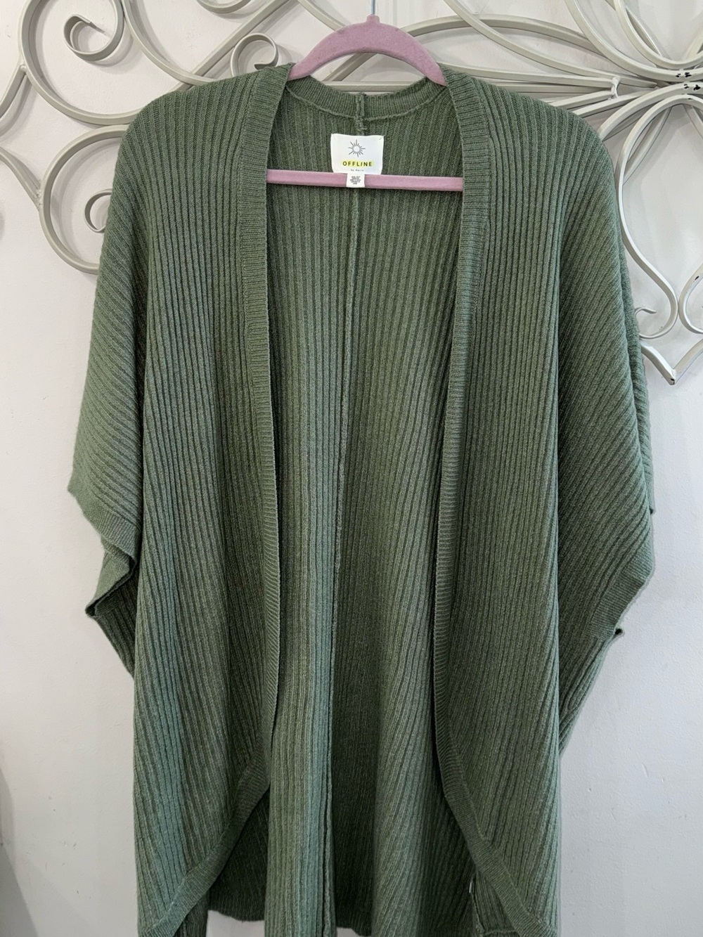 Aerie Offline- Cozy Ribbed Open-Front Cardigan - Olive Green